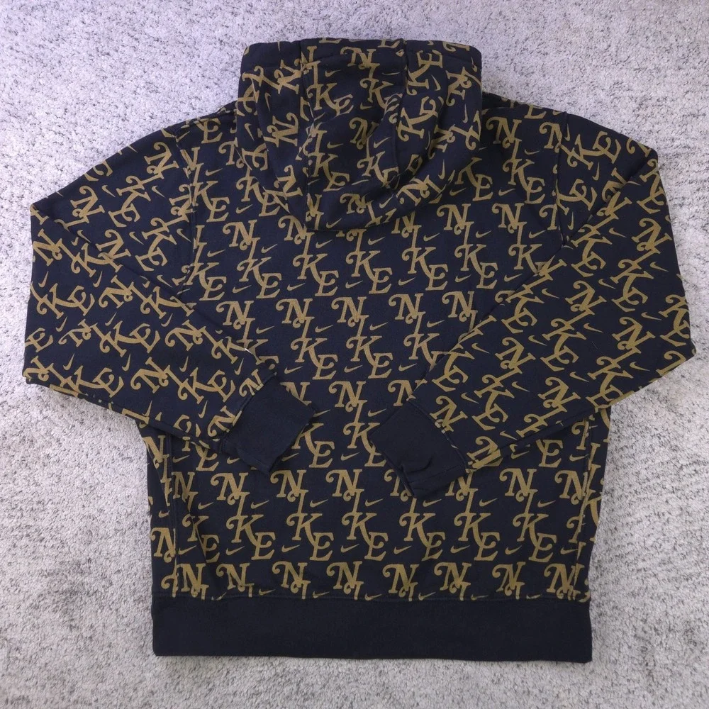 Nike Hoodie Mens Medium AOP Sweatshirt Fleece Sportswear Black Gold Monogram